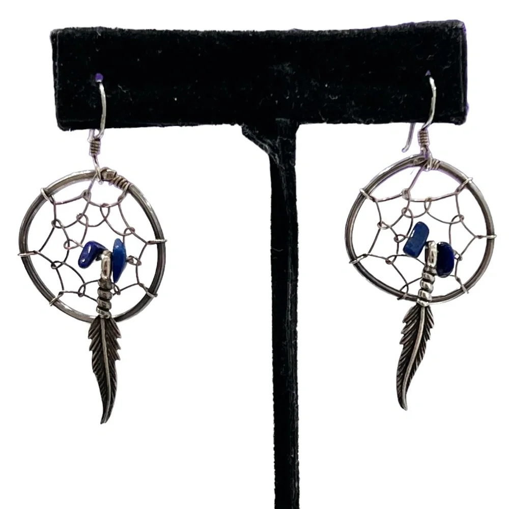 STERLING SILVER AND LAPIS CHIPS DREAM CATCHER EARRINGS